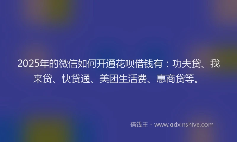 2025年的微信如何开通花呗借钱有：功夫贷、我来贷、快贷通、美团生活费、惠商贷等。