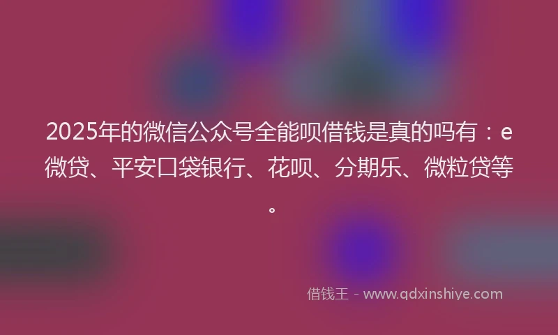 2025年的微信公众号全能呗借钱是真的吗有：e微贷、平安口袋银行、花呗、分期乐、微粒贷等。