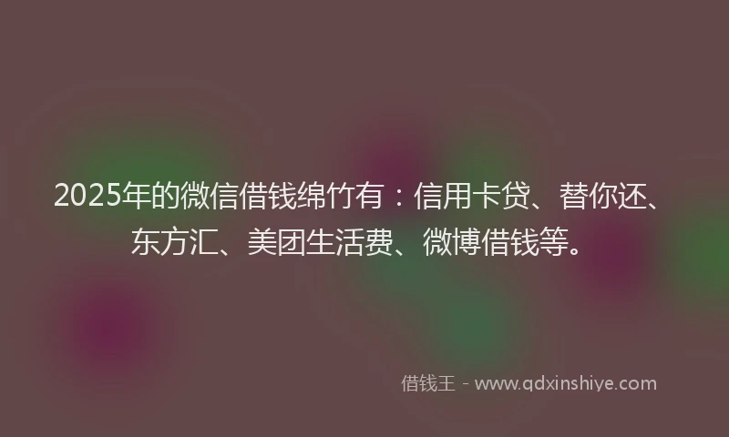 2025年的微信借钱绵竹有：信用卡贷、替你还、东方汇、美团生活费、微博借钱等。
