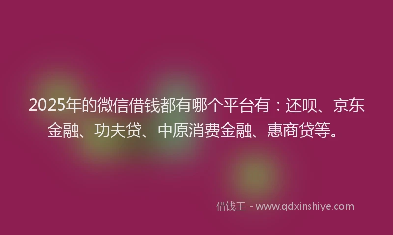 2025年的微信借钱都有哪个平台有：还呗、京东金融、功夫贷、中原消费金融、惠商贷等。