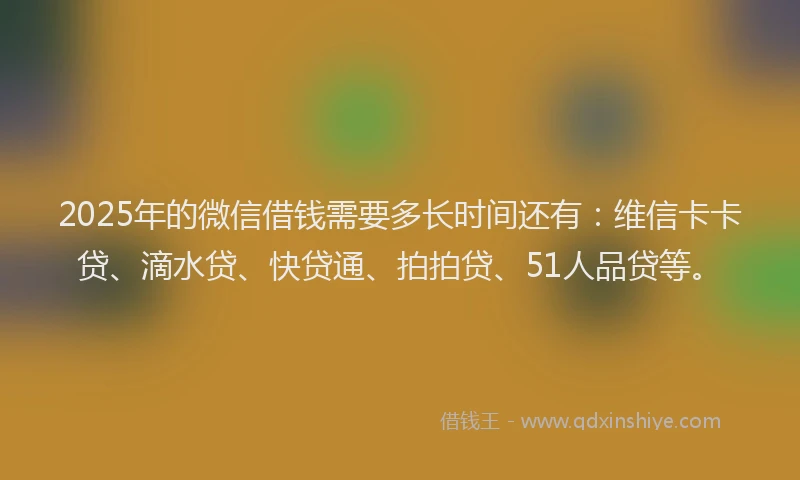 2025年的微信借钱需要多长时间还有：维信卡卡贷、滴水贷、快贷通、拍拍贷、51人品贷等。