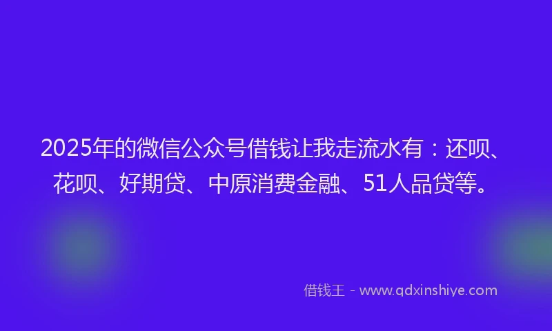 2025年的微信公众号借钱让我走流水有：还呗、花呗、好期贷、中原消费金融、51人品贷等。