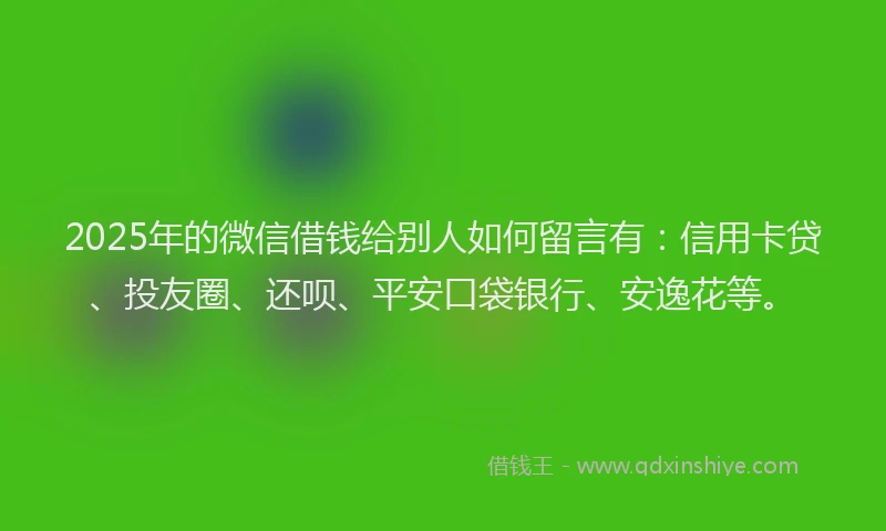 2025年的微信借钱给别人如何留言有：信用卡贷、投友圈、还呗、平安口袋银行、安逸花等。