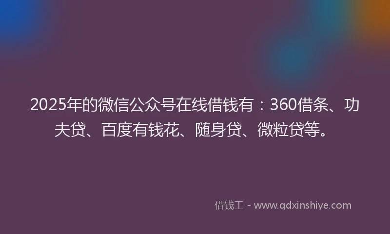 2025年的微信公众号在线借钱有：360借条、功夫贷、百度有钱花、随身贷、微粒贷等。