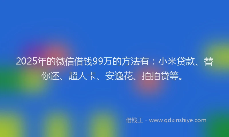 2025年的微信借钱99万的方法有：小米贷款、替你还、超人卡、安逸花、拍拍贷等。