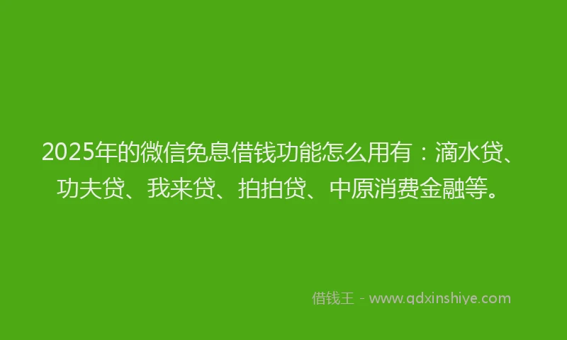 2025年的微信免息借钱功能怎么用有：滴水贷、功夫贷、我来贷、拍拍贷、中原消费金融等。