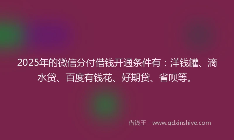 2025年的微信分付借钱开通条件有：洋钱罐、滴水贷、百度有钱花、好期贷、省呗等。