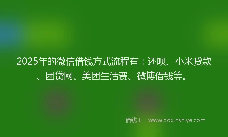 2025年的微信借钱方式流程有：还呗、小米贷款、团贷网、美团生活费、微博借钱等。