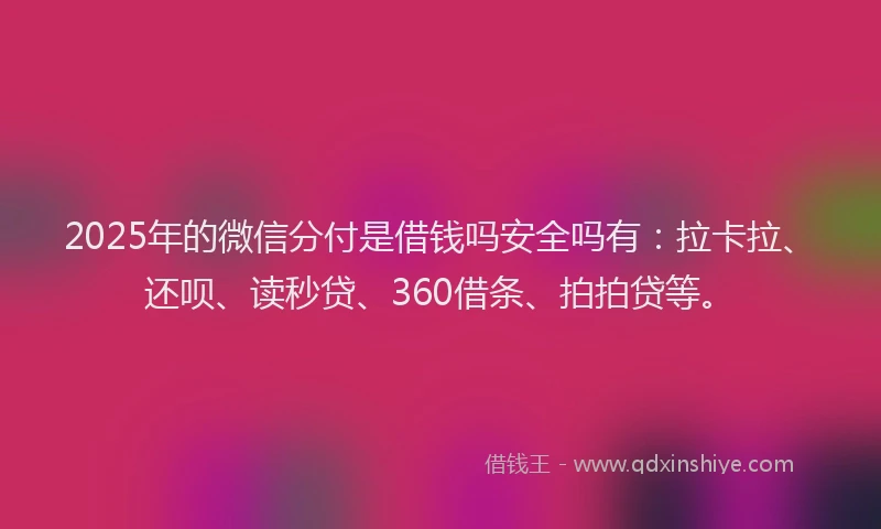 2025年的微信分付是借钱吗安全吗有：拉卡拉、还呗、读秒贷、360借条、拍拍贷等。