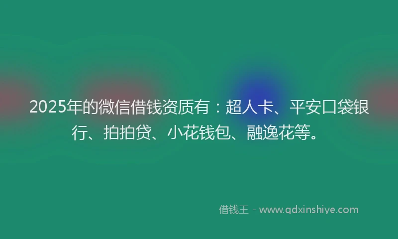 2025年的微信借钱资质有：超人卡、平安口袋银行、拍拍贷、小花钱包、融逸花等。