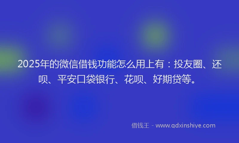 2025年的微信借钱功能怎么用上有：投友圈、还呗、平安口袋银行、花呗、好期贷等。