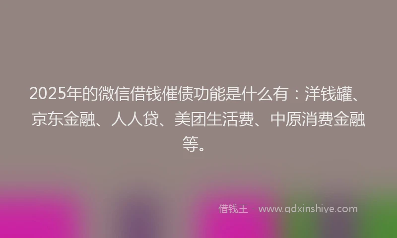 2025年的微信借钱催债功能是什么有：洋钱罐、京东金融、人人贷、美团生活费、中原消费金融等。