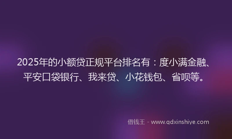 2025年的小额贷正规平台排名有：度小满金融、平安口袋银行、我来贷、小花钱包、省呗等。
