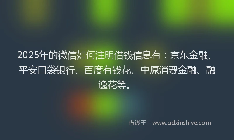 2025年的微信如何注明借钱信息有：京东金融、平安口袋银行、百度有钱花、中原消费金融、融逸花等。