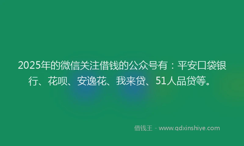 2025年的微信关注借钱的公众号有：平安口袋银行、花呗、安逸花、我来贷、51人品贷等。