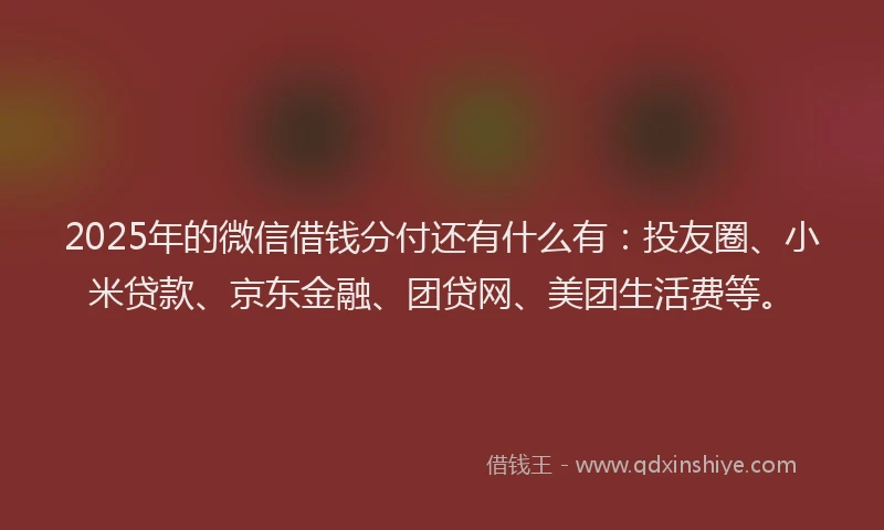 2025年的微信借钱分付还有什么有：投友圈、小米贷款、京东金融、团贷网、美团生活费等。