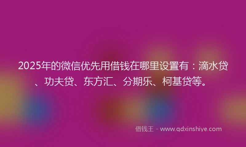 2025年的微信优先用借钱在哪里设置有：滴水贷、功夫贷、东方汇、分期乐、柯基贷等。