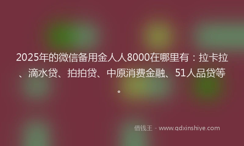 2025年的微信备用金人人8000在哪里有：拉卡拉、滴水贷、拍拍贷、中原消费金融、51人品贷等。
