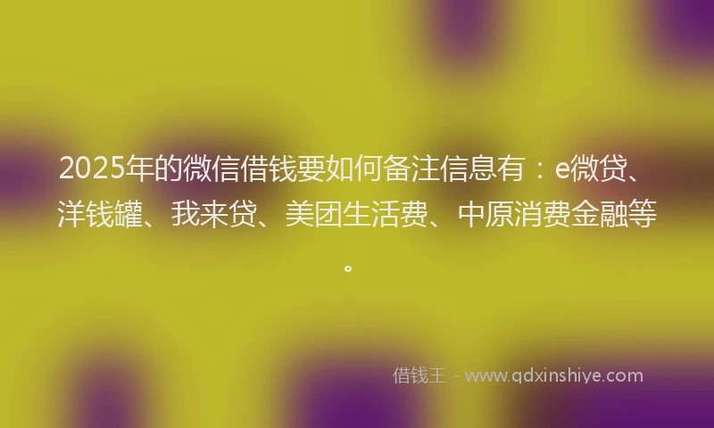 2025年的微信借钱要如何备注信息有：e微贷、洋钱罐、我来贷、美团生活费、中原消费金融等。