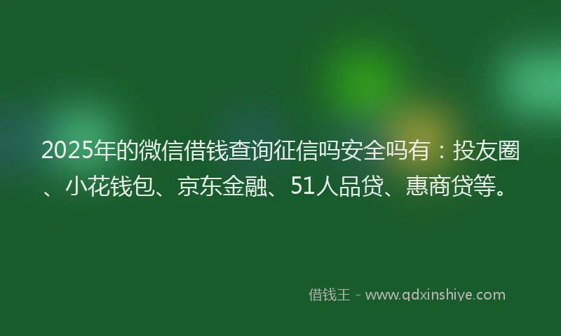 2025年的微信借钱查询征信吗安全吗有：投友圈、小花钱包、京东金融、51人品贷、惠商贷等。
