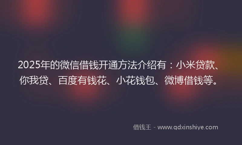 2025年的微信借钱开通方法介绍有：小米贷款、你我贷、百度有钱花、小花钱包、微博借钱等。