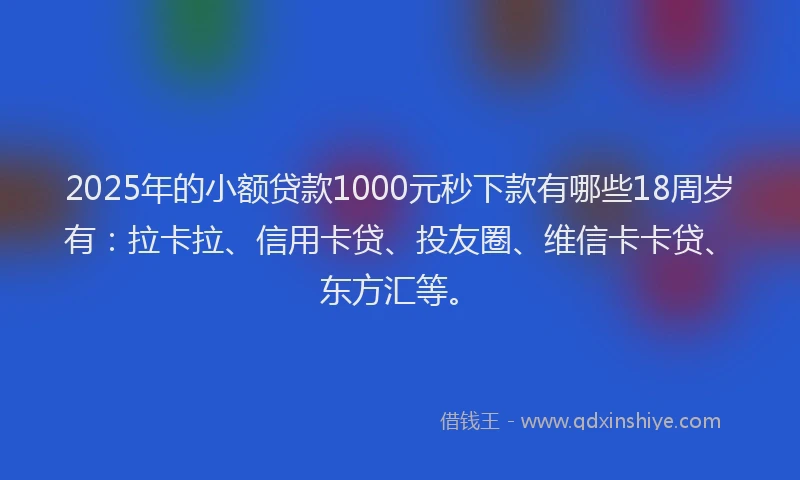 2025年的小额贷款1000元秒下款有哪些18周岁有：拉卡拉、信用卡贷、投友圈、维信卡卡贷、东方汇等。