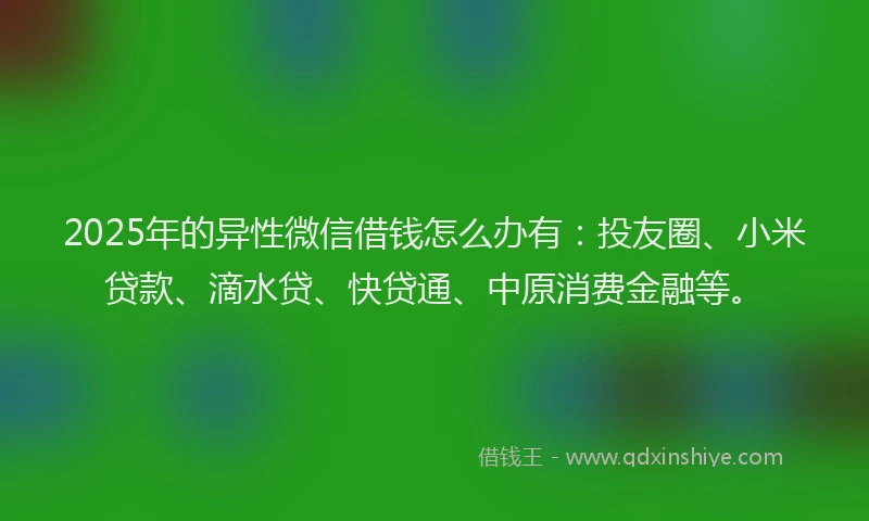 2025年的异性微信借钱怎么办有：投友圈、小米贷款、滴水贷、快贷通、中原消费金融等。
