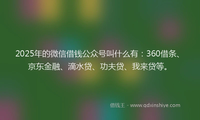 2025年的微信借钱公众号叫什么有：360借条、京东金融、滴水贷、功夫贷、我来贷等。
