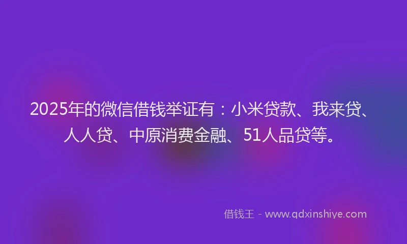 2025年的微信借钱举证有：小米贷款、我来贷、人人贷、中原消费金融、51人品贷等。