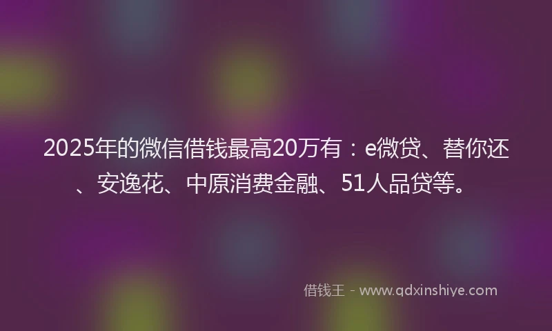 2025年的微信借钱最高20万有：e微贷、替你还、安逸花、中原消费金融、51人品贷等。