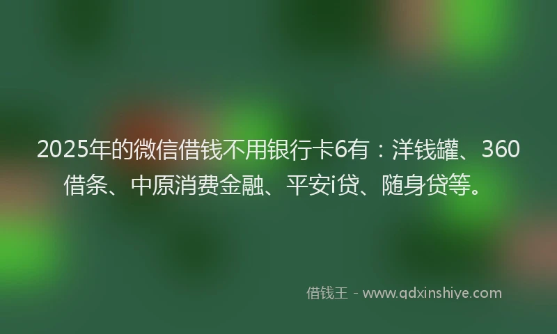 2025年的微信借钱不用银行卡6有：洋钱罐、360借条、中原消费金融、平安i贷、随身贷等。