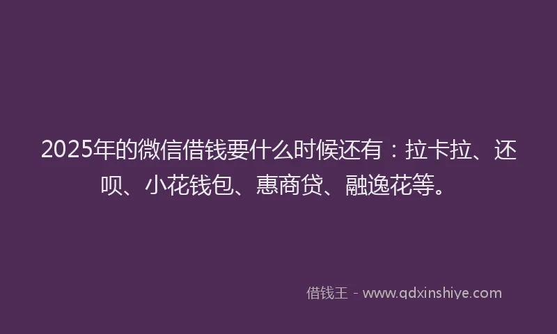 2025年的微信借钱要什么时候还有：拉卡拉、还呗、小花钱包、惠商贷、融逸花等。