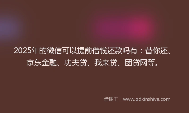 2025年的微信可以提前借钱还款吗有：替你还、京东金融、功夫贷、我来贷、团贷网等。
