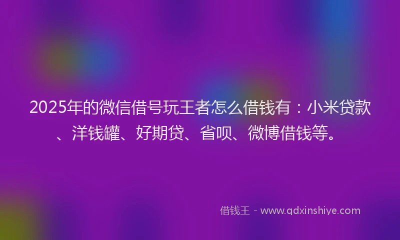 2025年的微信借号玩王者怎么借钱有：小米贷款、洋钱罐、好期贷、省呗、微博借钱等。