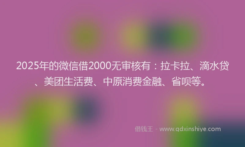 2025年的微信借2000无审核有：拉卡拉、滴水贷、美团生活费、中原消费金融、省呗等。