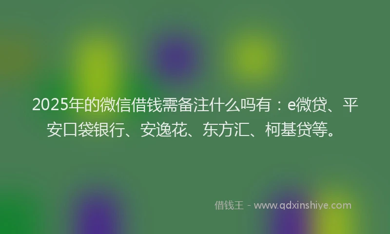 2025年的微信借钱需备注什么吗有：e微贷、平安口袋银行、安逸花、东方汇、柯基贷等。