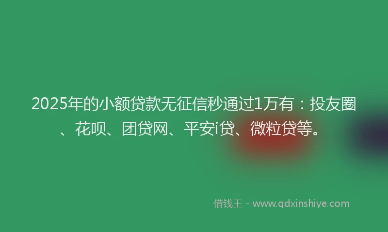 2025年的小额贷款无征信秒通过1万有：投友圈、花呗、团贷网、平安i贷、微粒贷等。