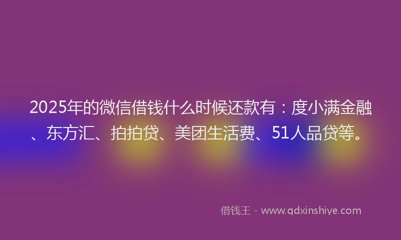 2025年的微信借钱什么时候还款有：度小满金融、东方汇、拍拍贷、美团生活费、51人品贷等。