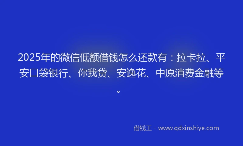 2025年的微信低额借钱怎么还款有：拉卡拉、平安口袋银行、你我贷、安逸花、中原消费金融等。
