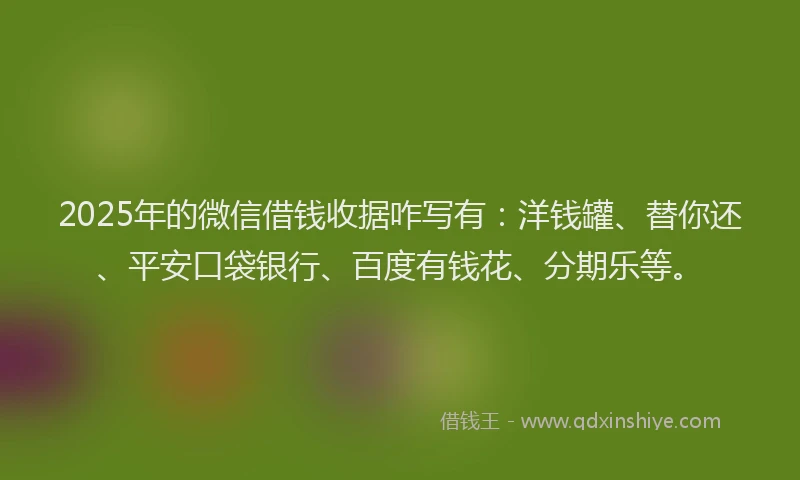 2025年的微信借钱收据咋写有：洋钱罐、替你还、平安口袋银行、百度有钱花、分期乐等。