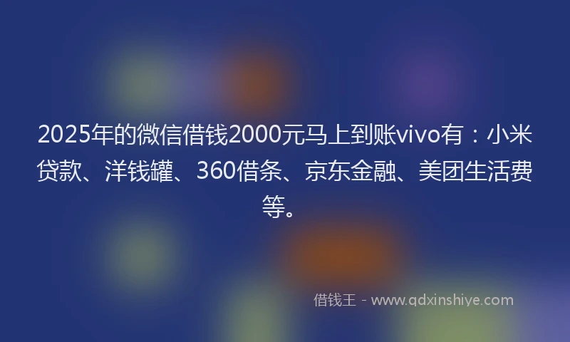 2025年的微信借钱2000元马上到账vivo有：小米贷款、洋钱罐、360借条、京东金融、美团生活费等。