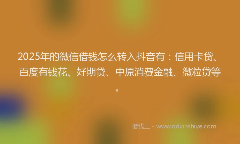 2025年的微信借钱怎么转入抖音有：信用卡贷、百度有钱花、好期贷、中原消费金融、微粒贷等。
