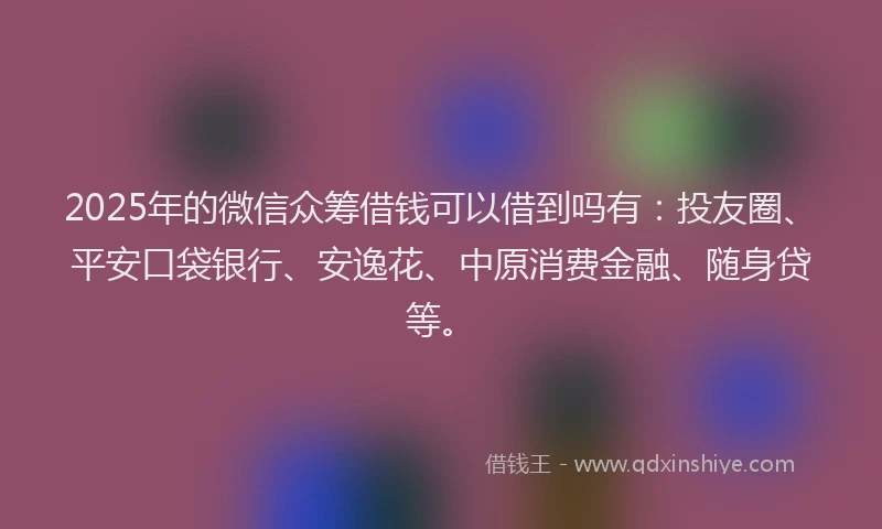 2025年的微信众筹借钱可以借到吗有：投友圈、平安口袋银行、安逸花、中原消费金融、随身贷等。