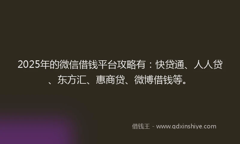 2025年的微信借钱平台攻略有：快贷通、人人贷、东方汇、惠商贷、微博借钱等。