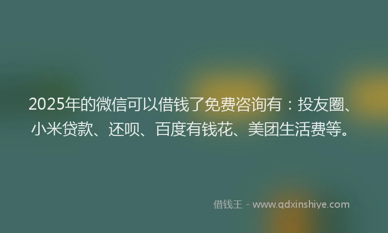 2025年的微信可以借钱了免费咨询有：投友圈、小米贷款、还呗、百度有钱花、美团生活费等。
