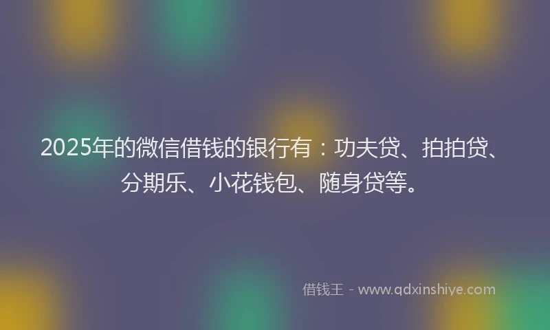 2025年的微信借钱的银行有：功夫贷、拍拍贷、分期乐、小花钱包、随身贷等。