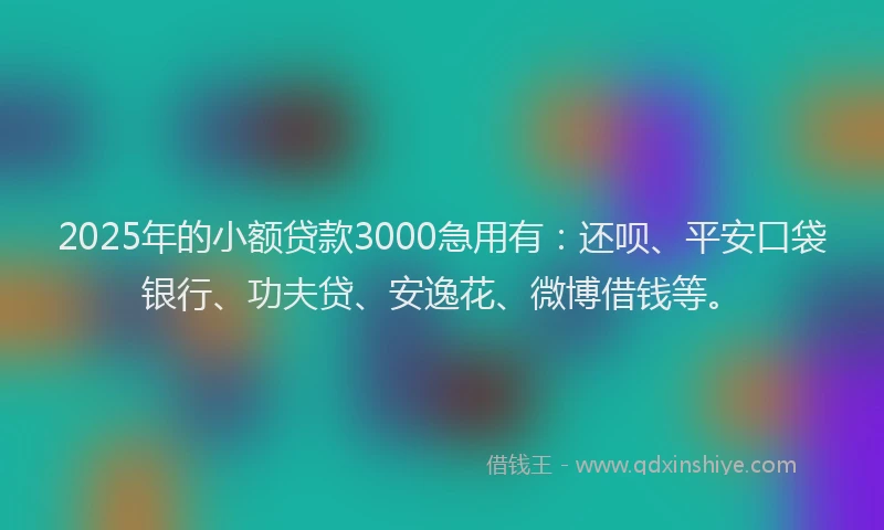 2025年的小额贷款3000急用有：还呗、平安口袋银行、功夫贷、安逸花、微博借钱等。