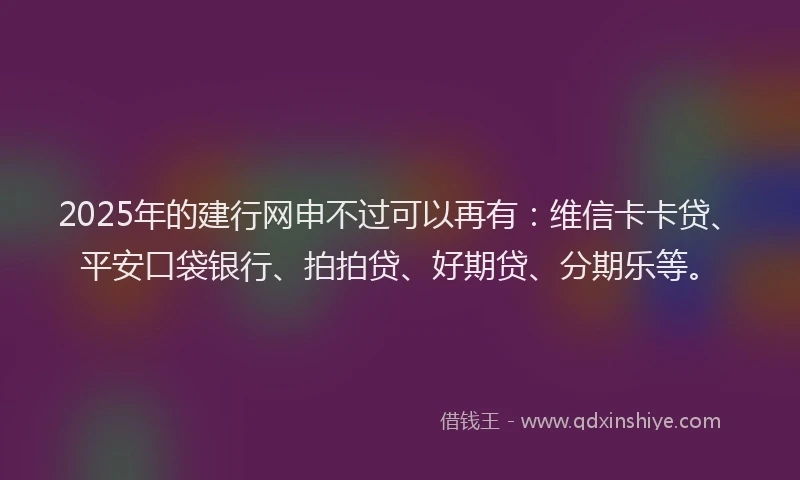 2025年的建行网申不过可以再有：维信卡卡贷、平安口袋银行、拍拍贷、好期贷、分期乐等。
