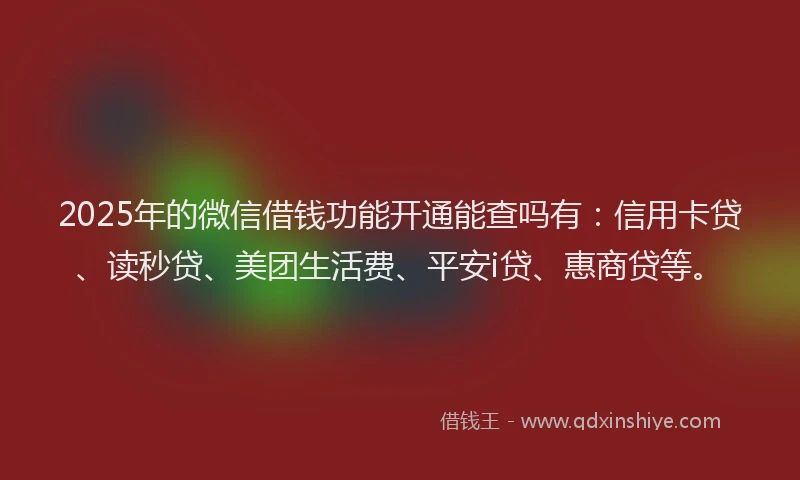 2025年的微信借钱功能开通能查吗有：信用卡贷、读秒贷、美团生活费、平安i贷、惠商贷等。
