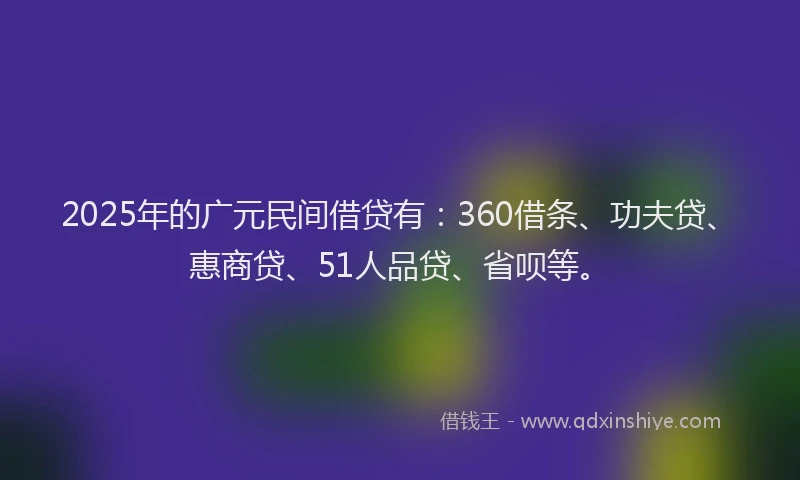 2025年的广元民间借贷有：360借条、功夫贷、惠商贷、51人品贷、省呗等。